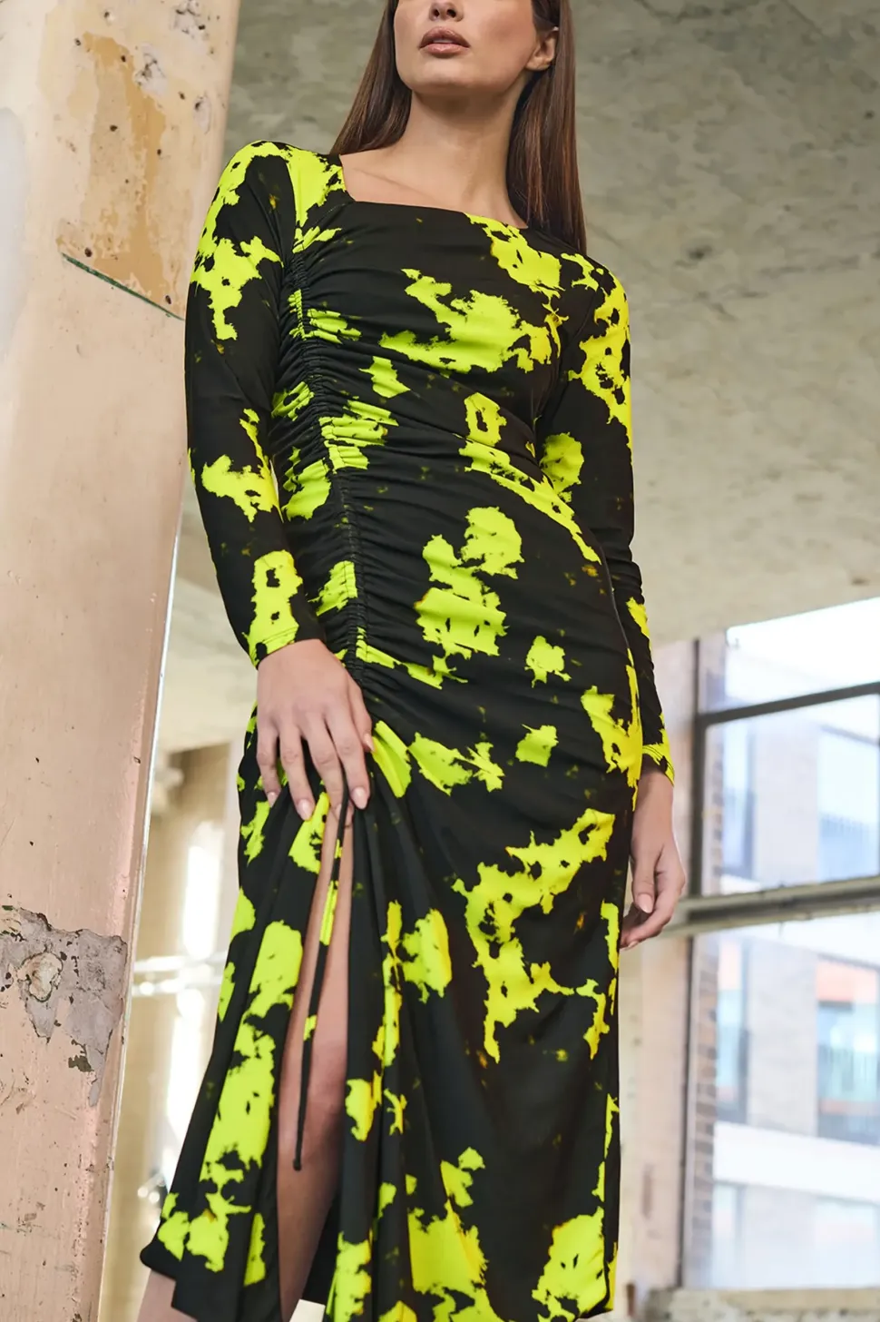 Abstract Asymmetric Ruched Dress