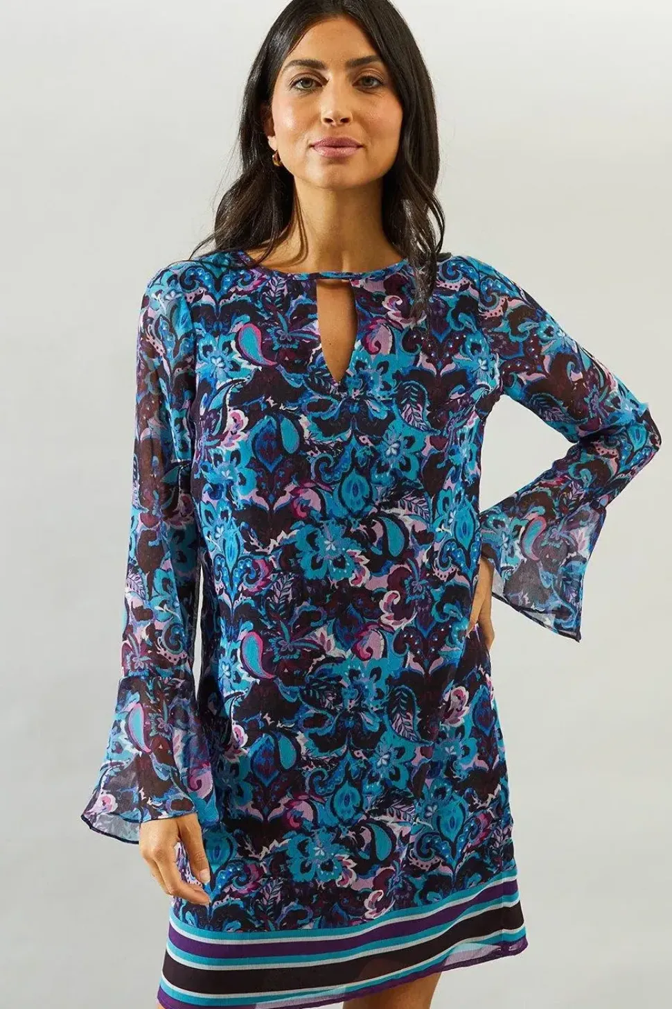 Abstract Border Keyhole Detail Shift Dress