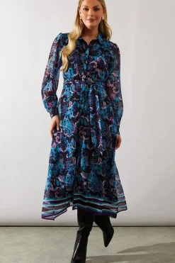 Abstract Border Print Belted Shirt Dress