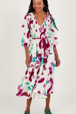 Abstract Brushstroke Print Shirred Midi Dress