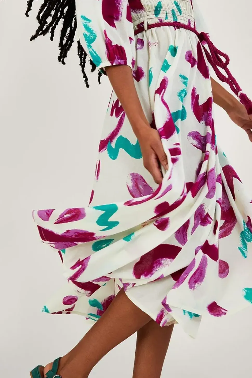 Abstract Brushstroke Print Shirred Midi Dress