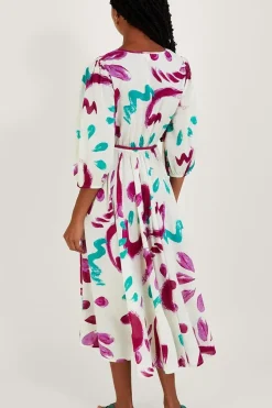 Abstract Brushstroke Print Shirred Midi Dress