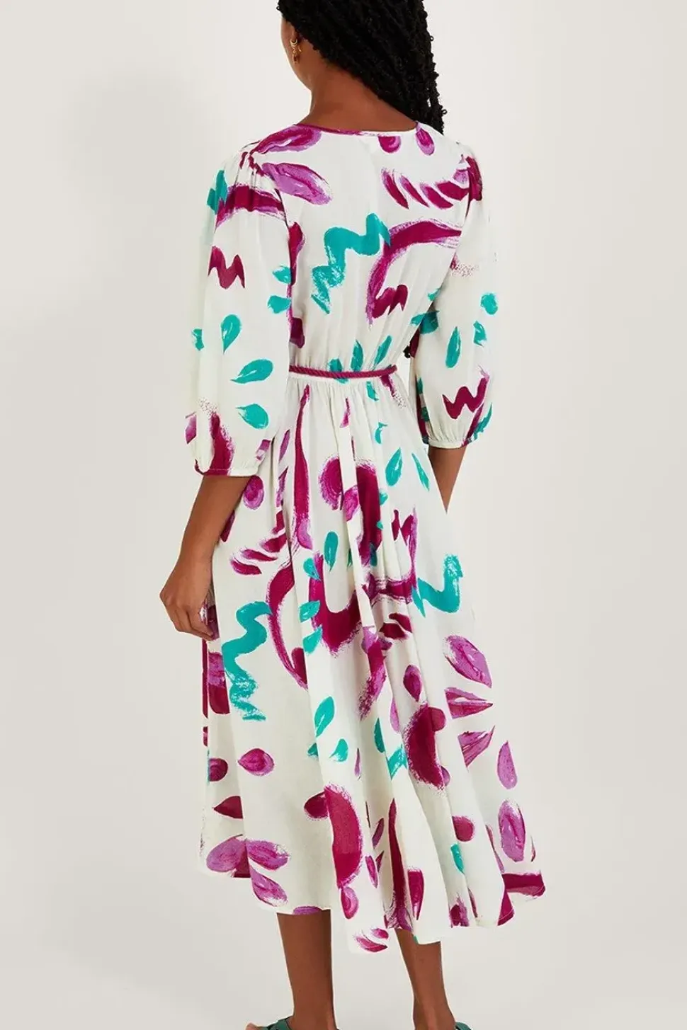 Abstract Brushstroke Print Shirred Midi Dress