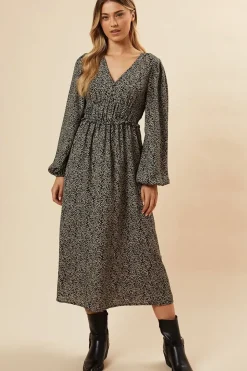 Abstract Camel Button Front Sleeve Midi Dress