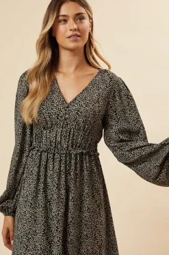Abstract Camel Button Front Sleeve Midi Dress