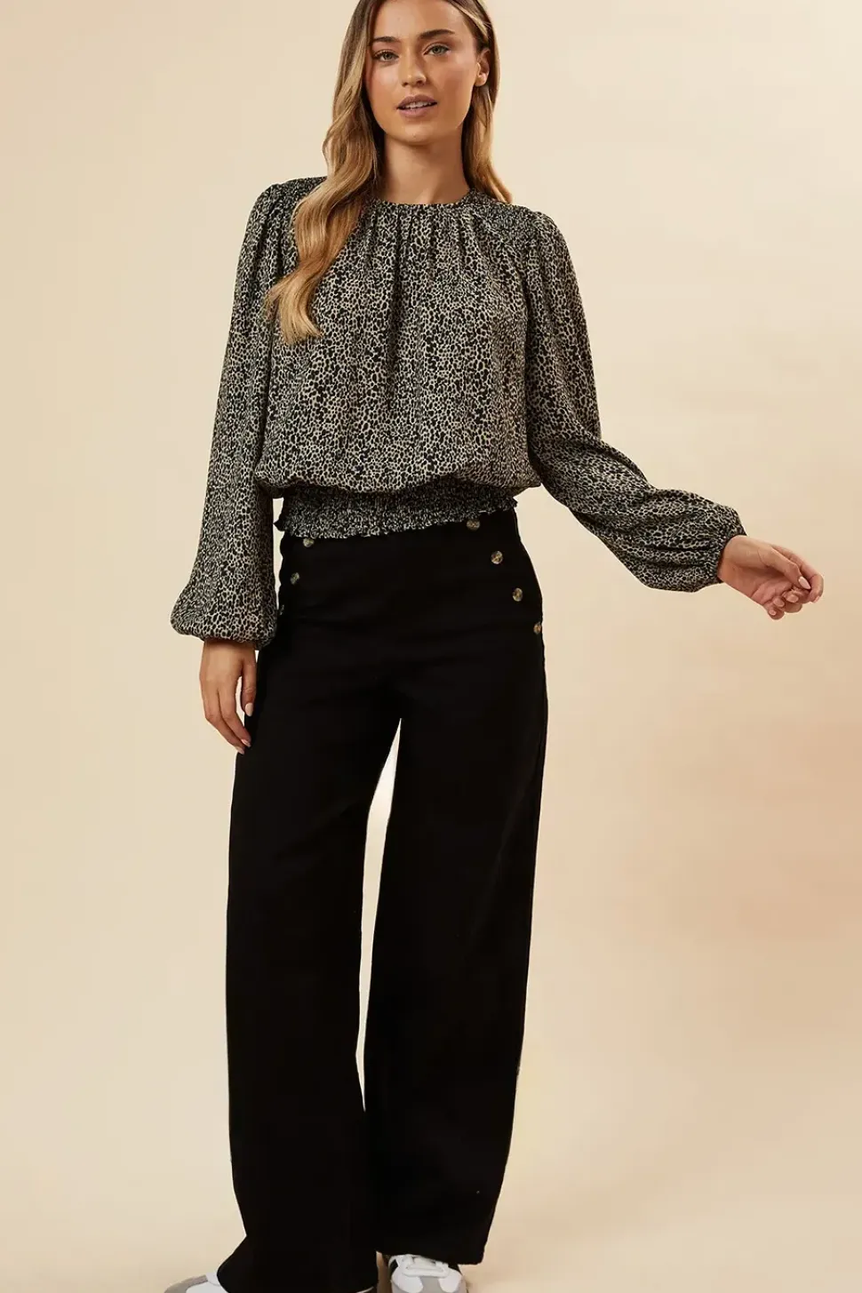 Abstract Camel Shoulder Detail Shirred Hem Blouse