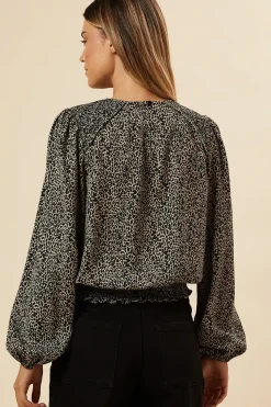 Abstract Camel Shoulder Detail Shirred Hem Blouse