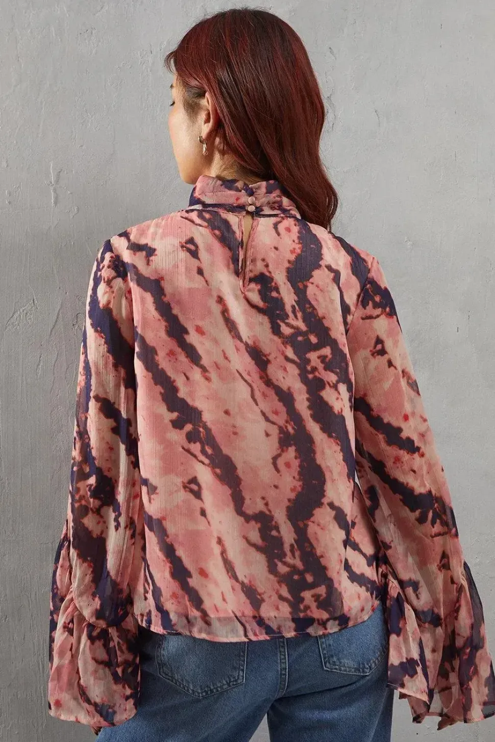 Abstract Chiffon High Neck Flutter Sleeve Blouse