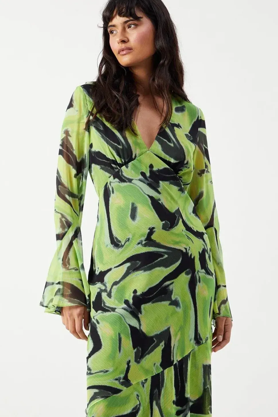 Abstract Chiffon V Neck Flute Sleeve Midi Dress