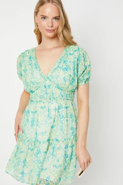 Abstract Dobby Chiffon Fully Gathered Puff Sleeve Mini Dress