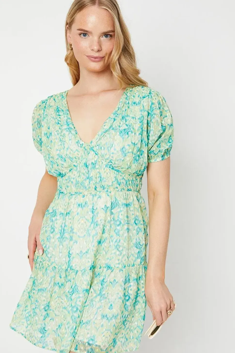 Abstract Dobby Chiffon Fully Gathered Puff Sleeve Mini Dress