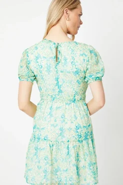 Abstract Dobby Chiffon Fully Gathered Puff Sleeve Mini Dress