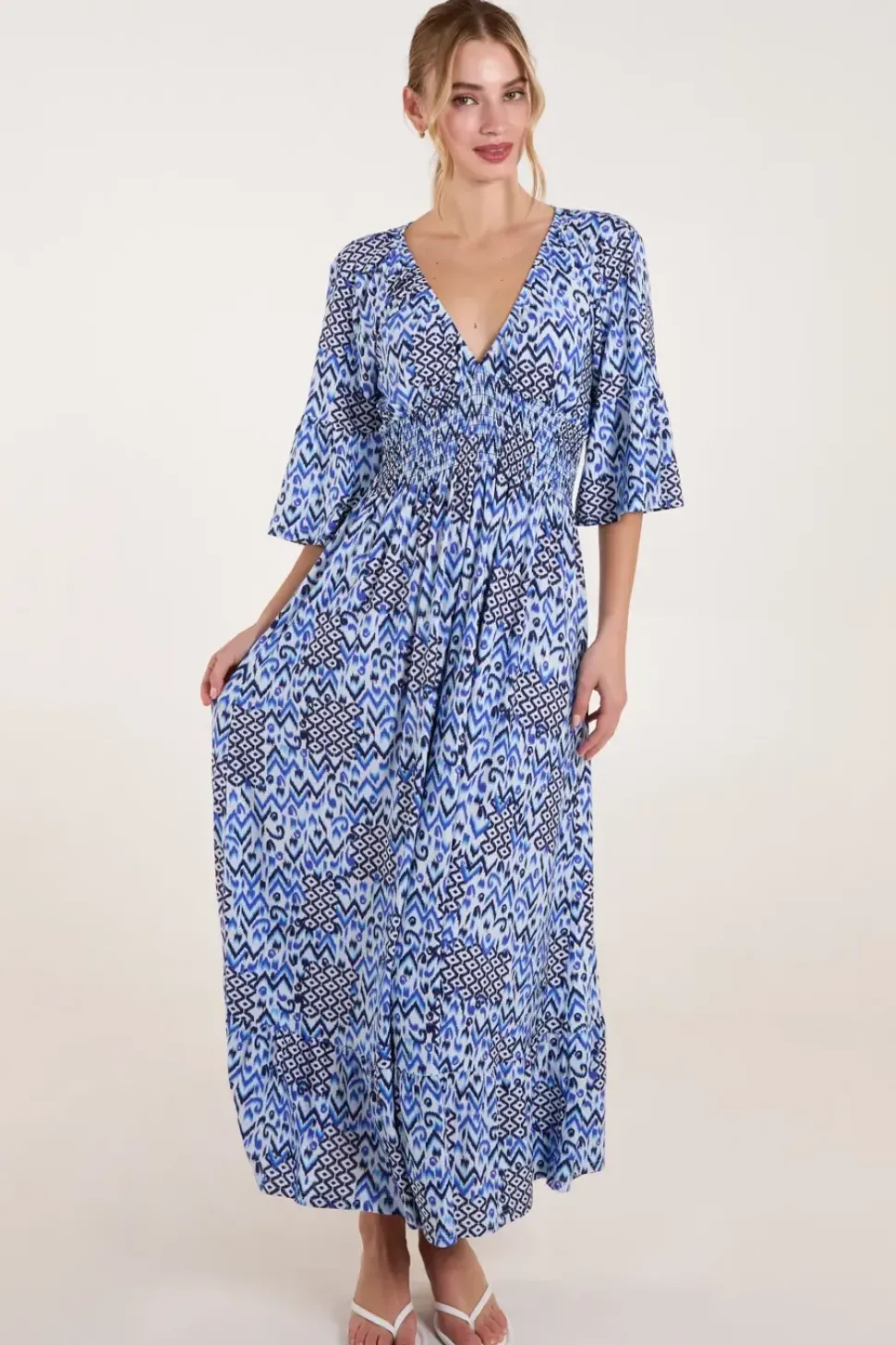 Abstract Elasticated Neck Shirred Waist Maxi Dress