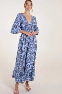 Abstract Elasticated Neck Shirred Waist Maxi Dress
