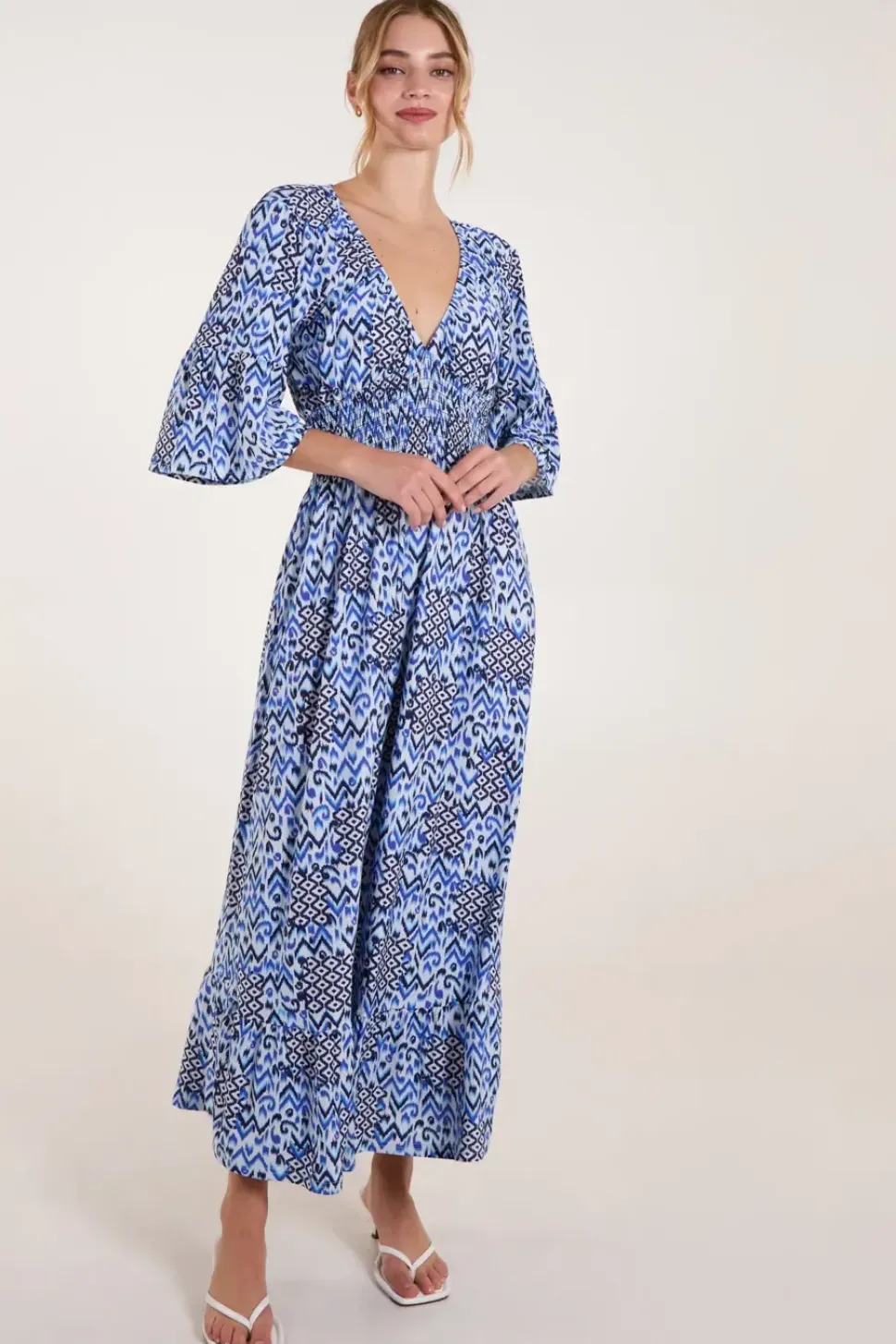 Abstract Elasticated Neck Shirred Waist Maxi Dress