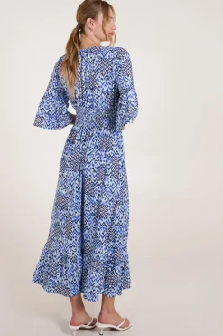 Abstract Elasticated Neck Shirred Waist Maxi Dress