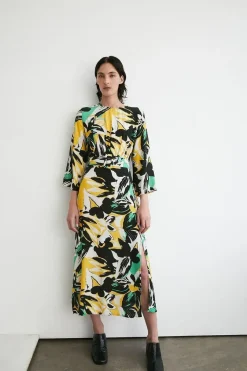 Abstract Floral Belted Midi Dress