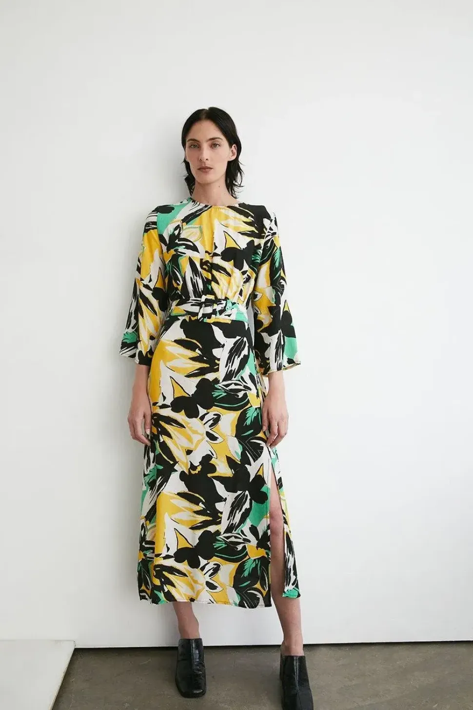 Abstract Floral Belted Midi Dress