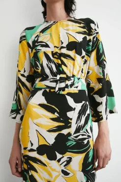 Abstract Floral Belted Midi Dress