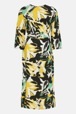 Abstract Floral Belted Midi Dress