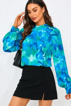 Abstract Floral Print Halter Neck Blouse Top In Blue