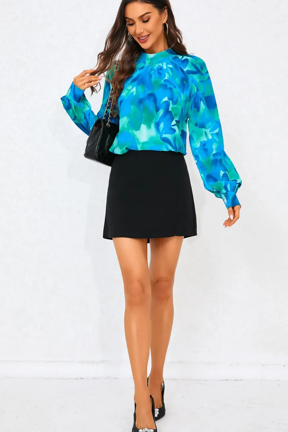Abstract Floral Print Halter Neck Blouse Top In Blue