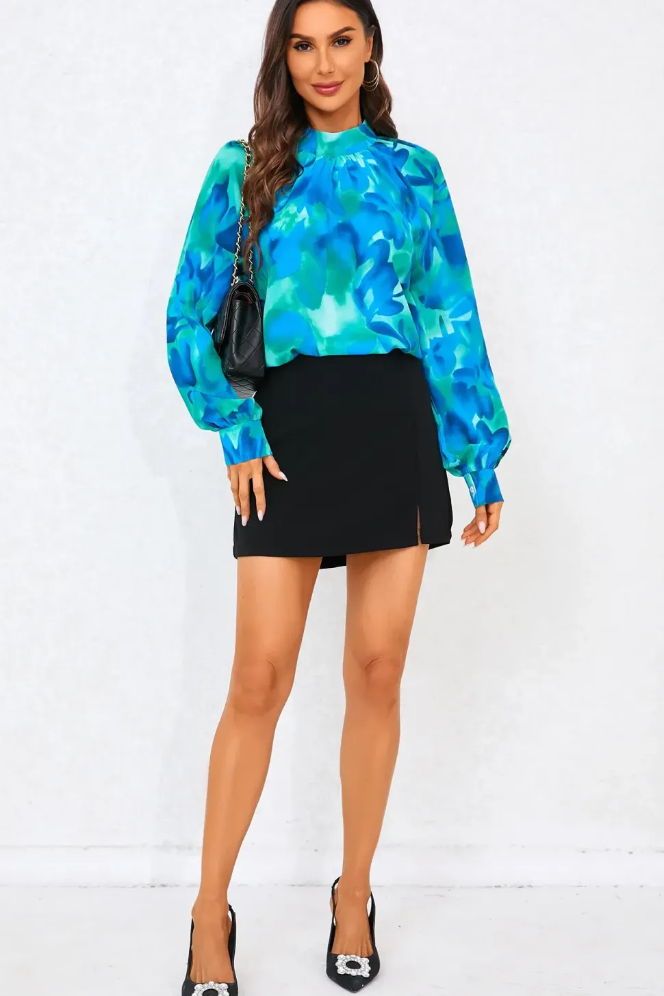 Abstract Floral Print Halter Neck Blouse Top In Blue