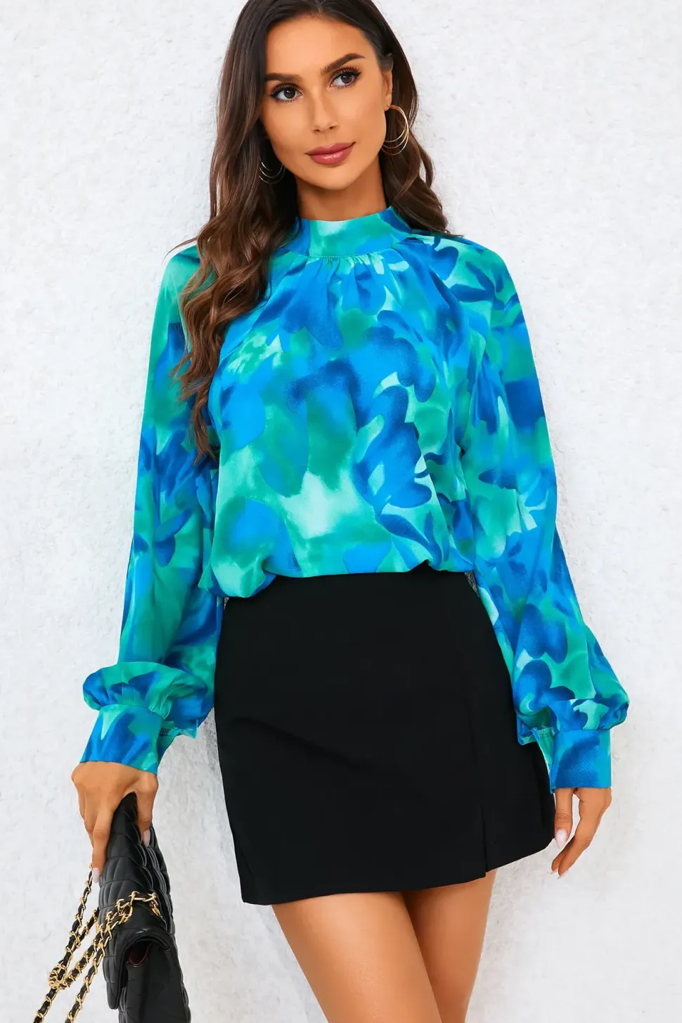 Abstract Floral Print Halter Neck Blouse Top In Blue