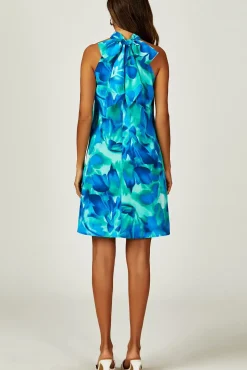 Abstract Floral Print Halter Neck Tie Back Mini Dress In Blue