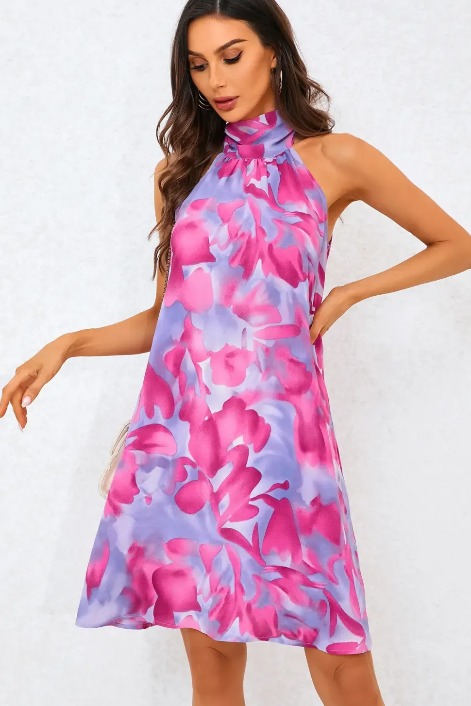 Abstract Floral Print Halter Neck Tie Back Mini Dress In Pink