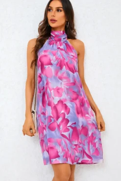 Abstract Floral Print Halter Neck Tie Back Mini Dress In Pink