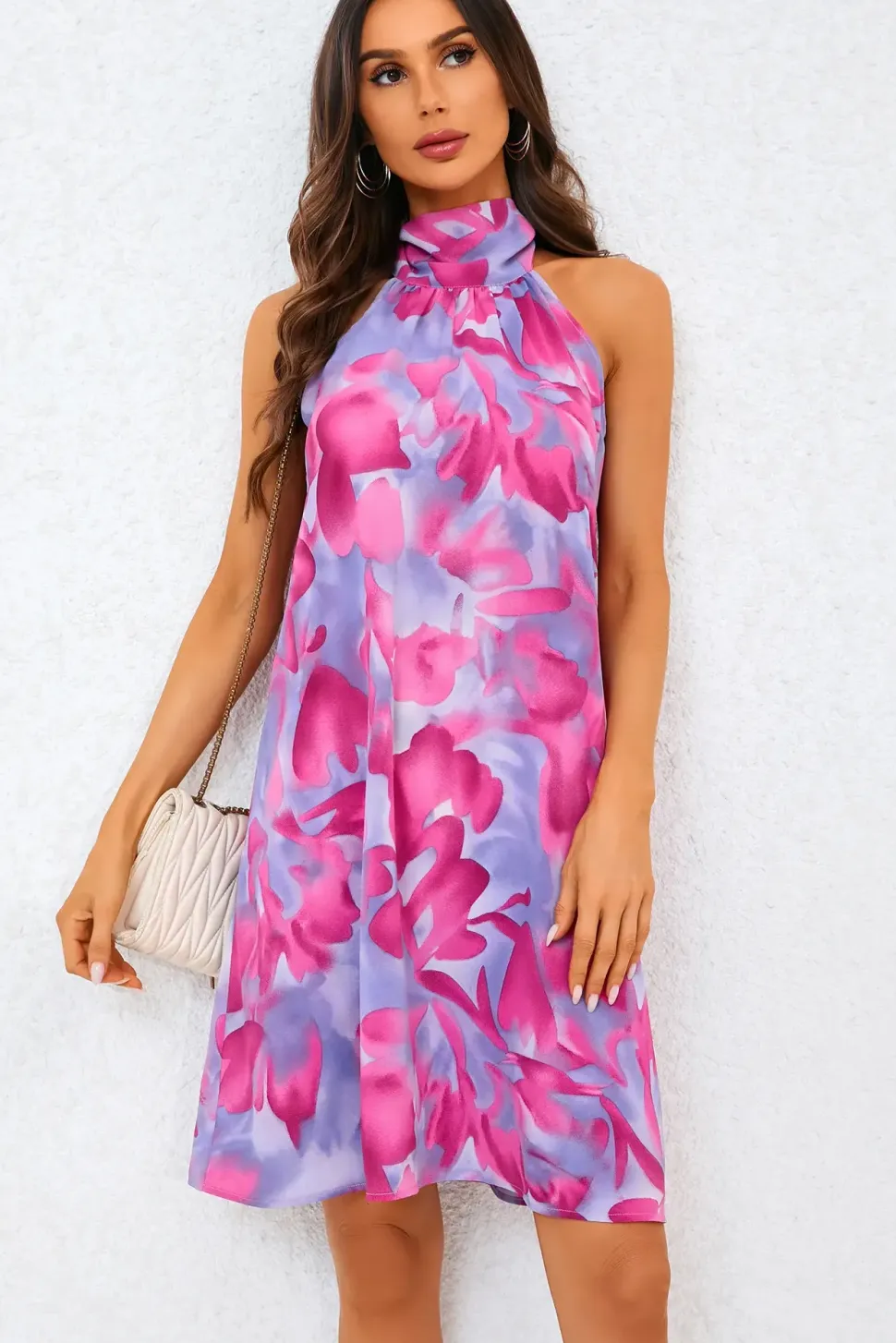 Abstract Floral Print Halter Neck Tie Back Mini Dress In Pink