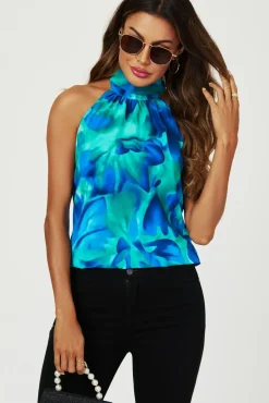 Abstract Floral Print  Halter Neck Tie Back Top In Blue