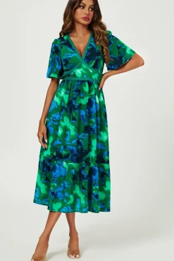 Abstract Floral Print Lace Detail Angel Sleeve Maxi Dress