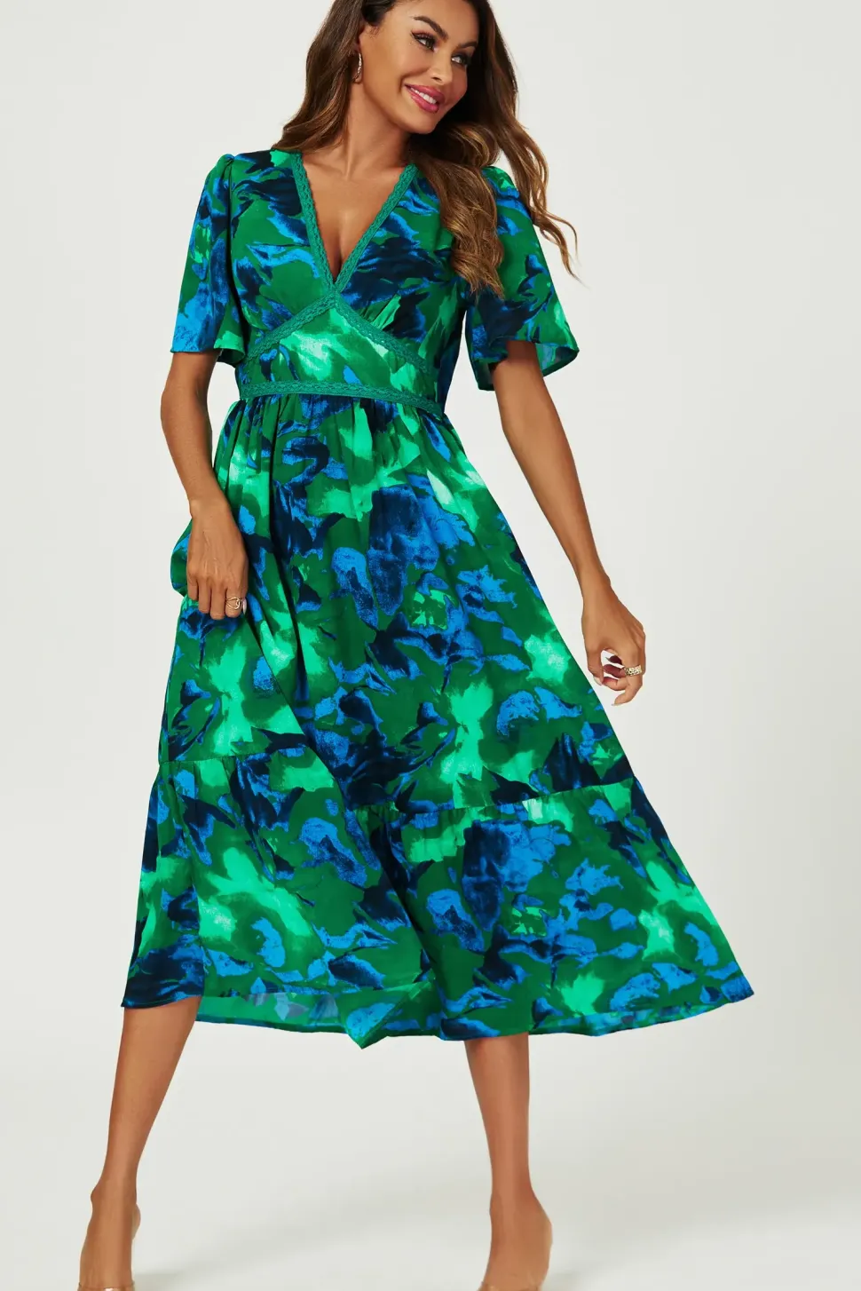 Abstract Floral Print Lace Detail Angel Sleeve Maxi Dress