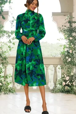 Abstract Floral Print Long Sleeve Midi Dress In Green