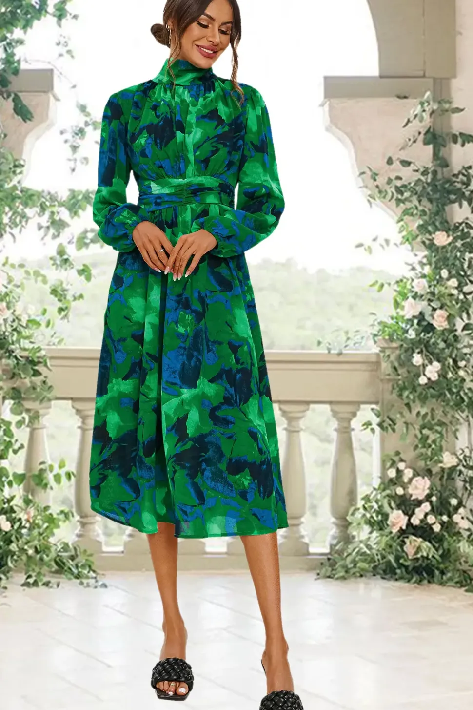 Abstract Floral Print Long Sleeve Midi Dress In Green