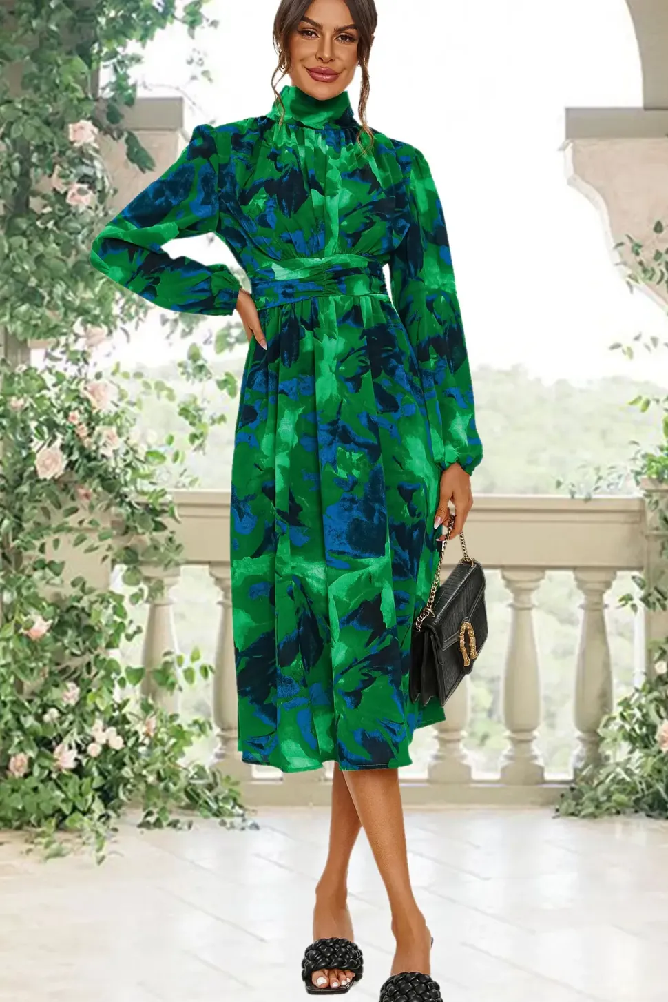 Abstract Floral Print Long Sleeve Midi Dress In Green