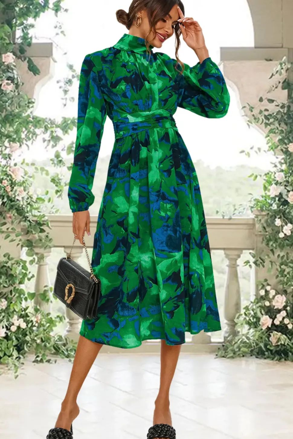 Abstract Floral Print Long Sleeve Midi Dress In Green