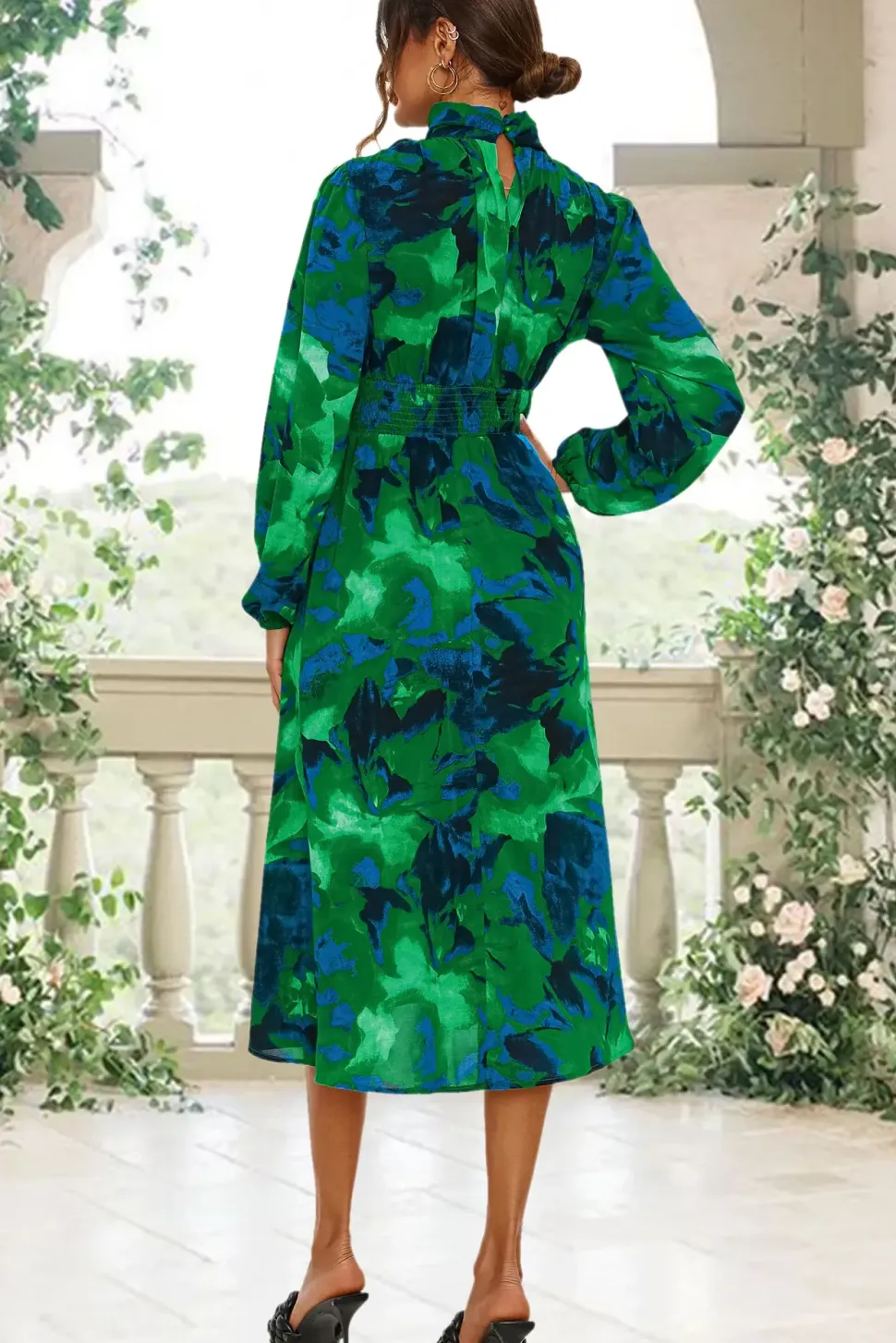 Abstract Floral Print Long Sleeve Midi Dress In Green