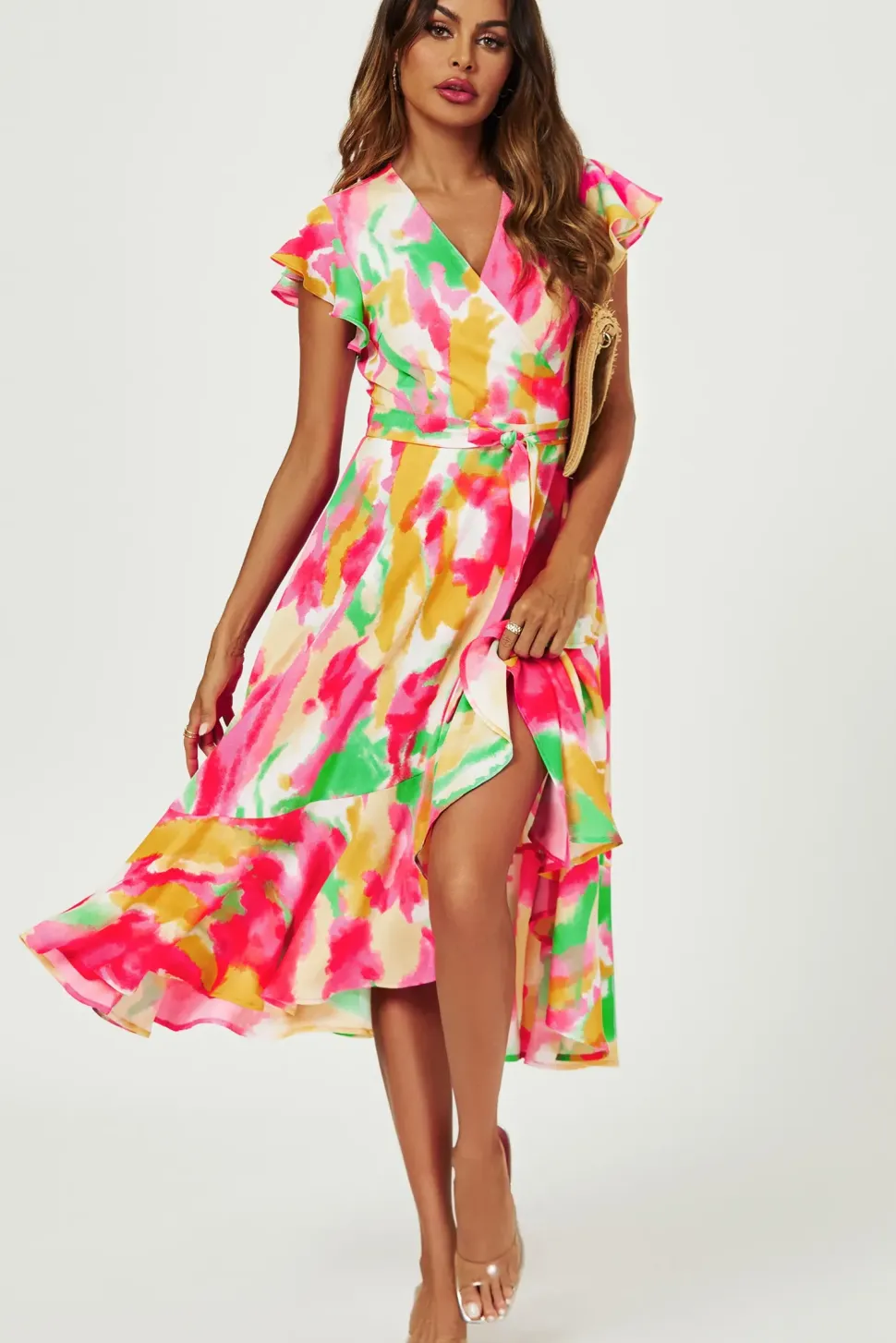 Abstract Floral Print Midi Wrap Dress In Pink