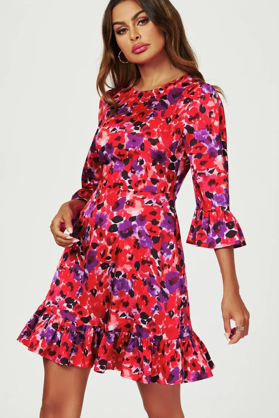 Abstract Floral Print Mini Dress In Red