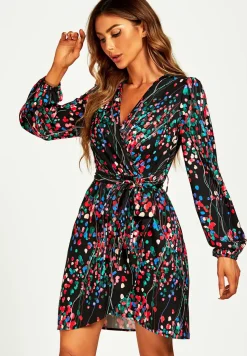 Abstract Floral Print Wrap Mini Dress In Black