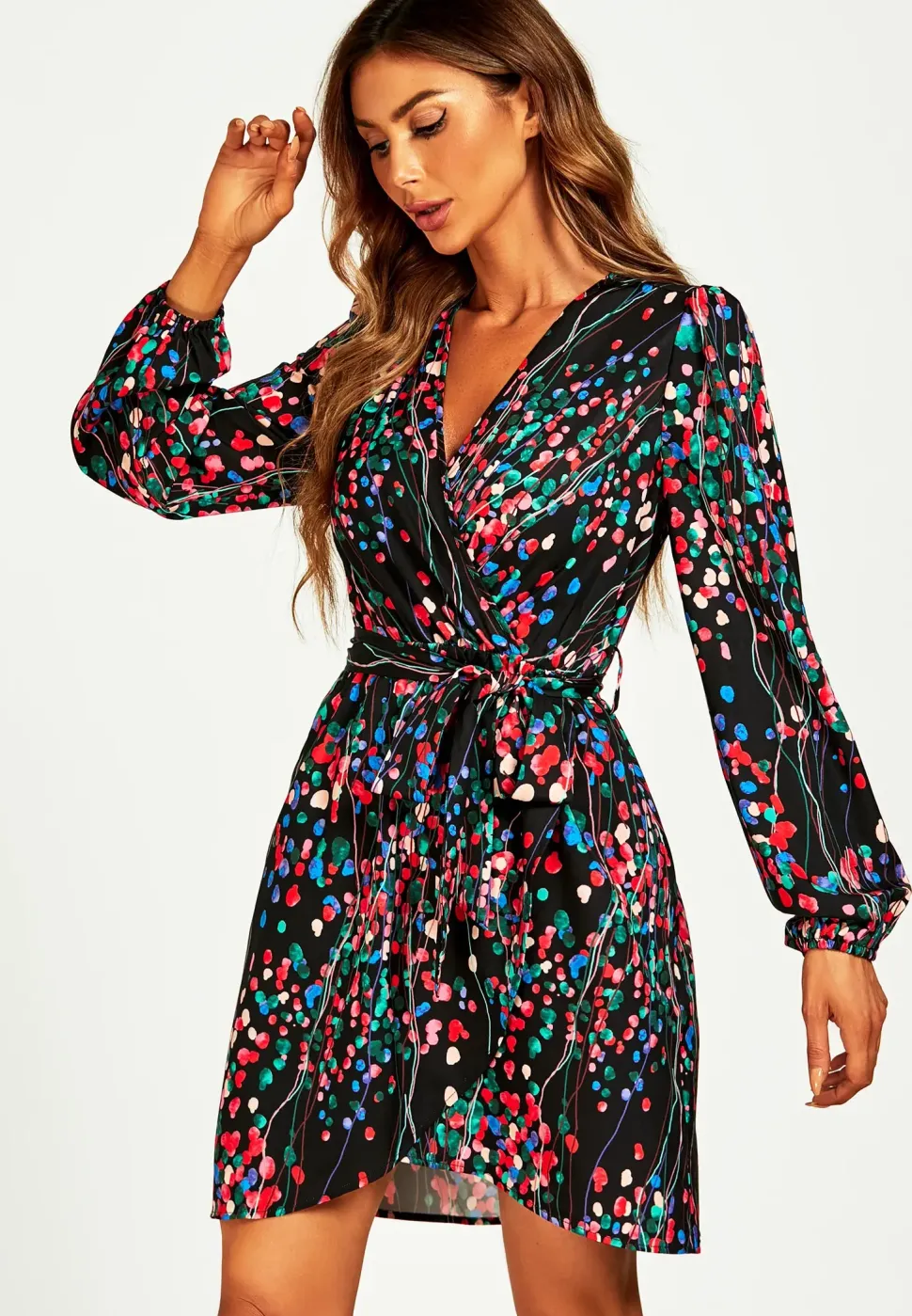 Abstract Floral Print Wrap Mini Dress In Black