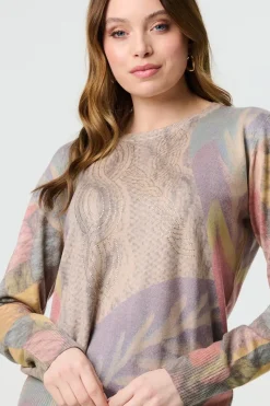 Abstract Long Sleeve Round Neck Knit Top