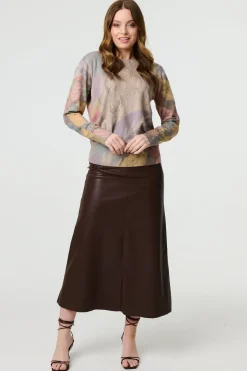 Abstract Long Sleeve Round Neck Knit Top