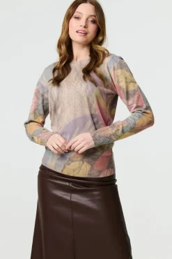 Abstract Long Sleeve Round Neck Knit Top