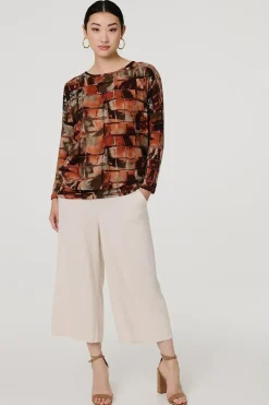 Abstract Long Sleeve Scoop Neck Top