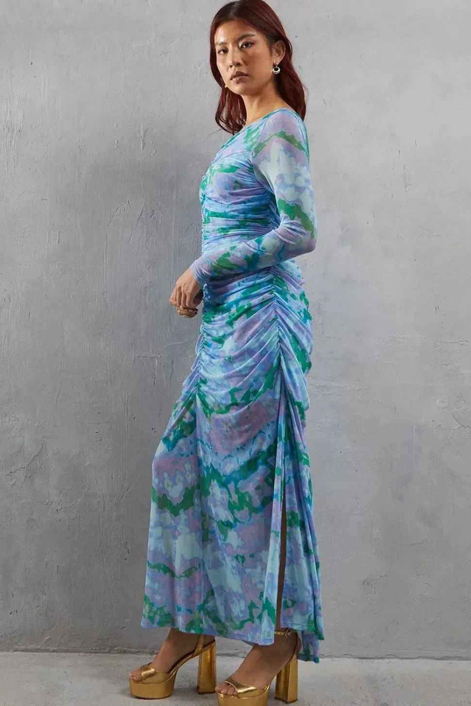 Abstract Marble Mesh Fitted Ruched Midi Dress