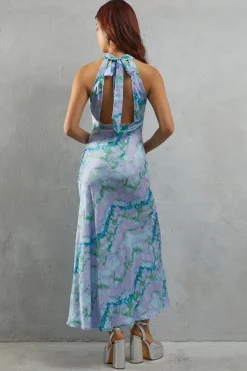 Abstract Marble Satin Halter Neck Backless Slip Dress